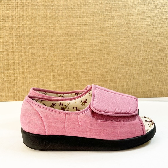 Like New Silvert’s Adaptive Open Toe Diabetic Shoes Pink Floral Slip On Size 9 - Picture 3 of 14